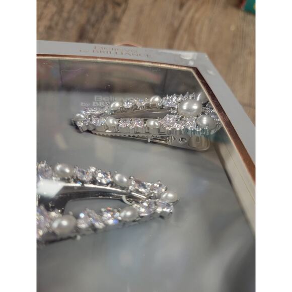 Believe by Brilliance Fine Silver Plated Pearl Cubic Zirconia Hair Clips Pair - Picture 3 of 6